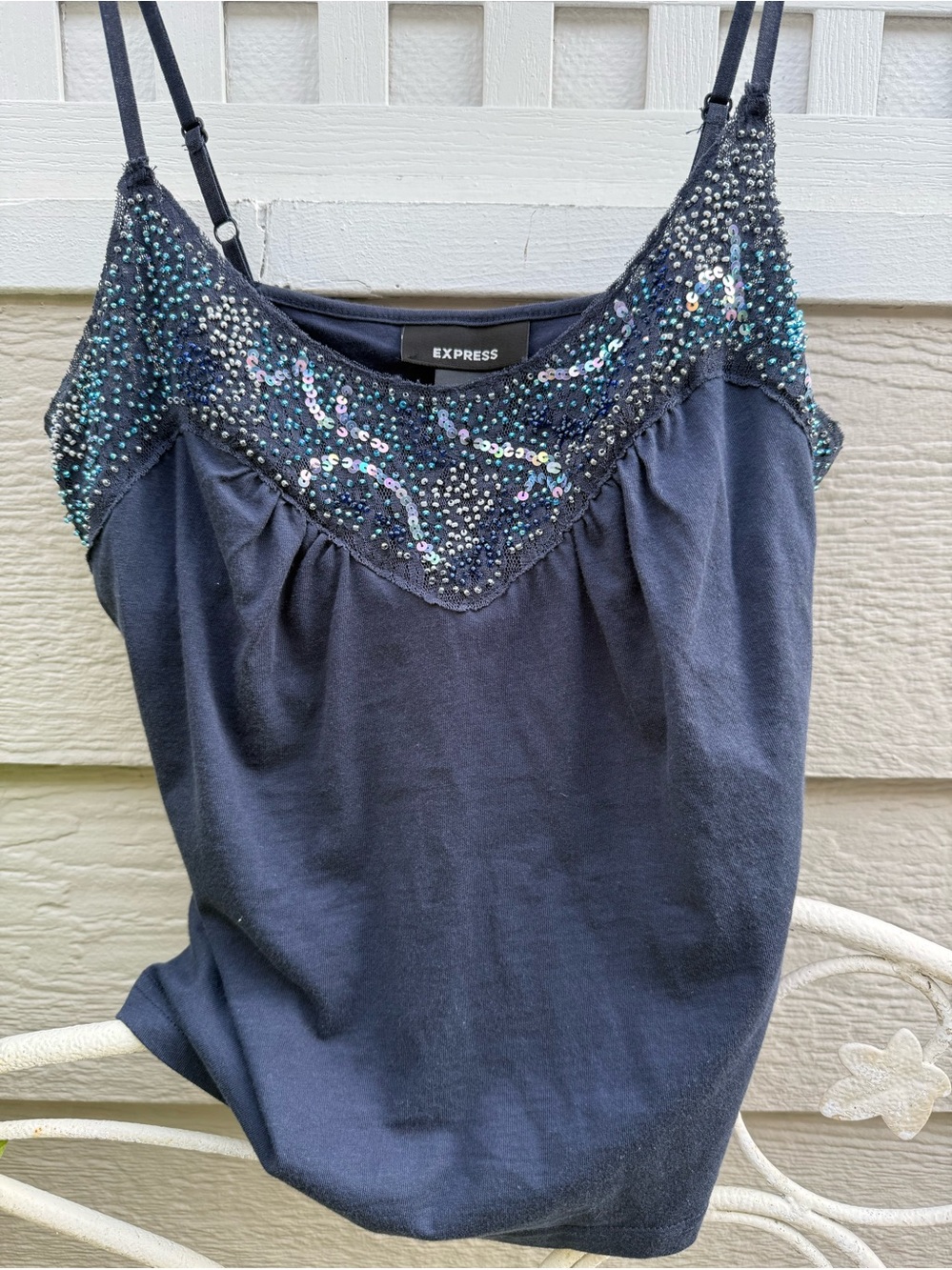 Express Navy Sequin-Embellished Cami, built in shelf bra, size M, soft cotton